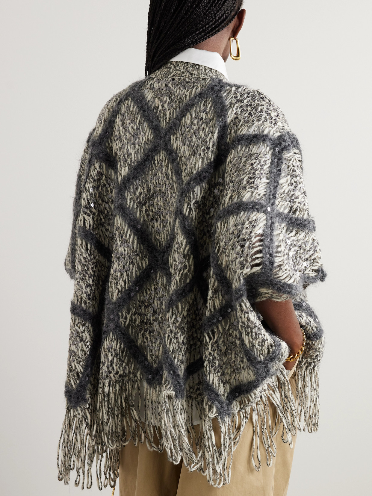 Brunello Cucinelli Fringed Sequin-embellished Argyle Open-knit Wool-blend Turtleneck Sweater In Gray