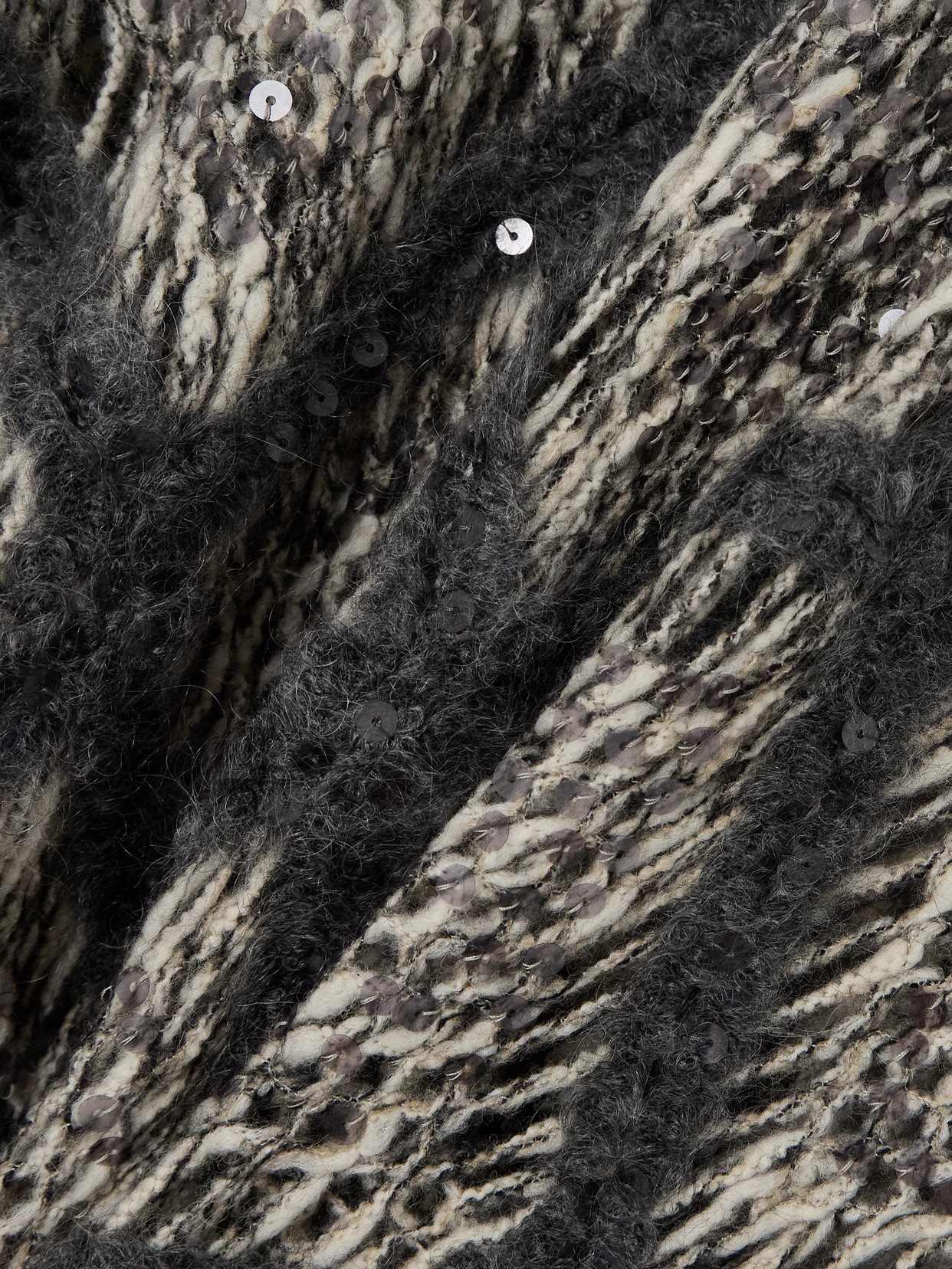 Brunello Cucinelli Fringed Sequin-embellished Argyle Open-knit Wool-blend Turtleneck Sweater In Gray