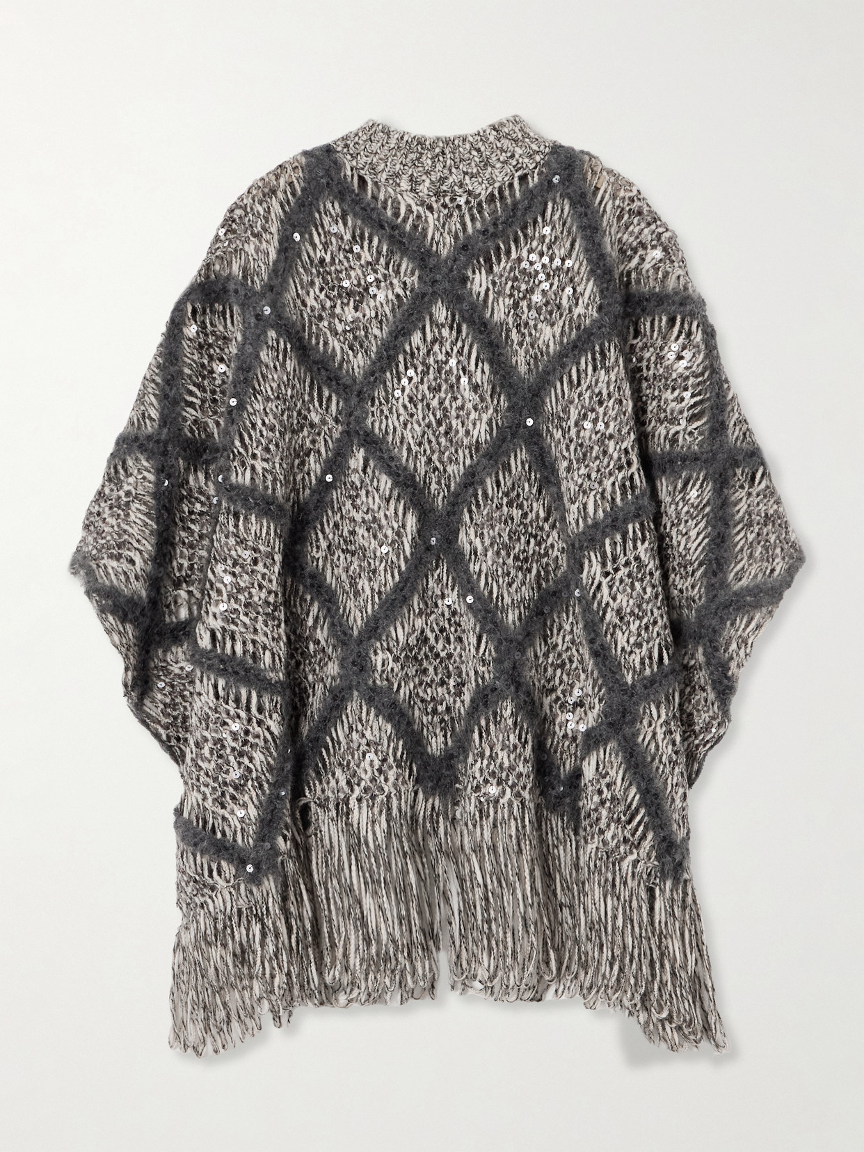 Brunello Cucinelli Fringed Sequin-embellished Argyle Open-knit Wool-blend Turtleneck Sweater In Gray