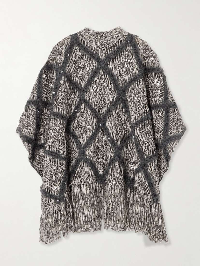 Brunello Cucinelli Fringed Sequin-embellished Argyle Open-knit Wool-blend Turtleneck Sweater