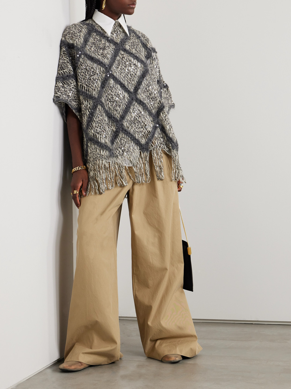 Brunello Cucinelli Fringed Sequin-embellished Argyle Open-knit Wool-blend Turtleneck Sweater In Gray