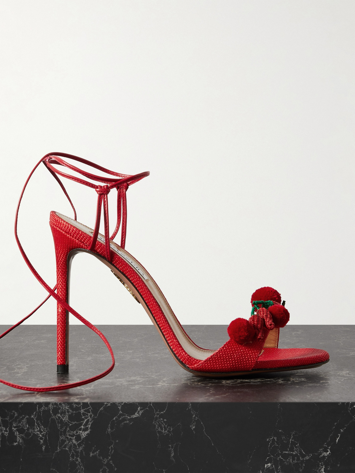 Aquazzura Chilli 105 Embellished Raffia And Leather Sandals In Red