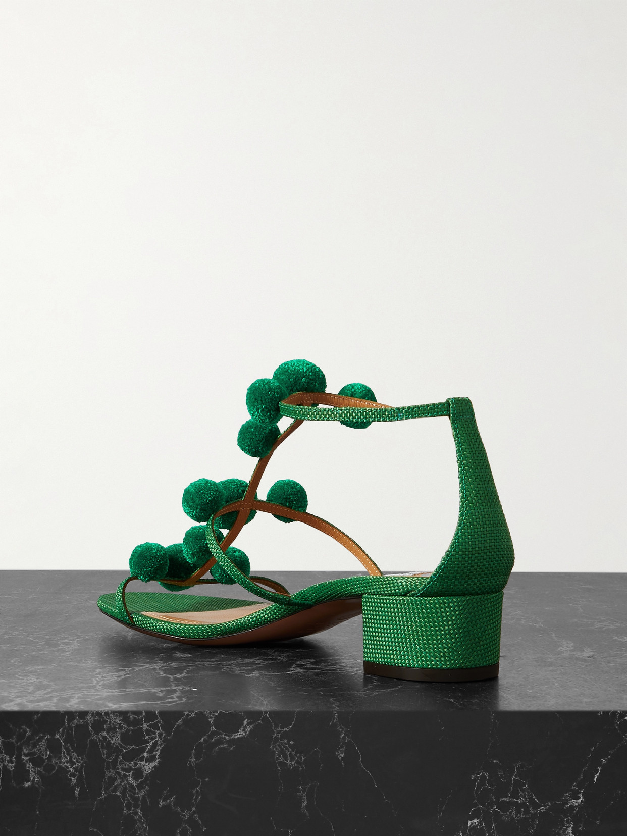 Shop Aquazzura Fiesta 35 Pompom-embellished Raffia Sandals In Green