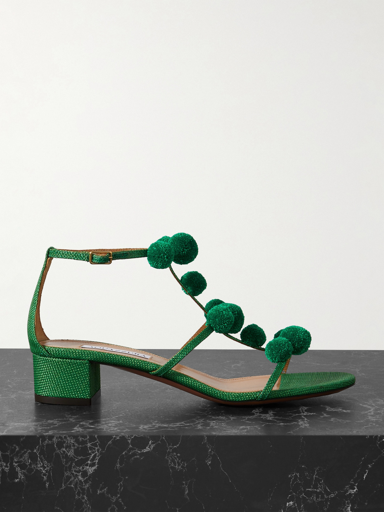 Aquazzura Fiesta 35 Pompom-embellished Raffia Sandals In Green