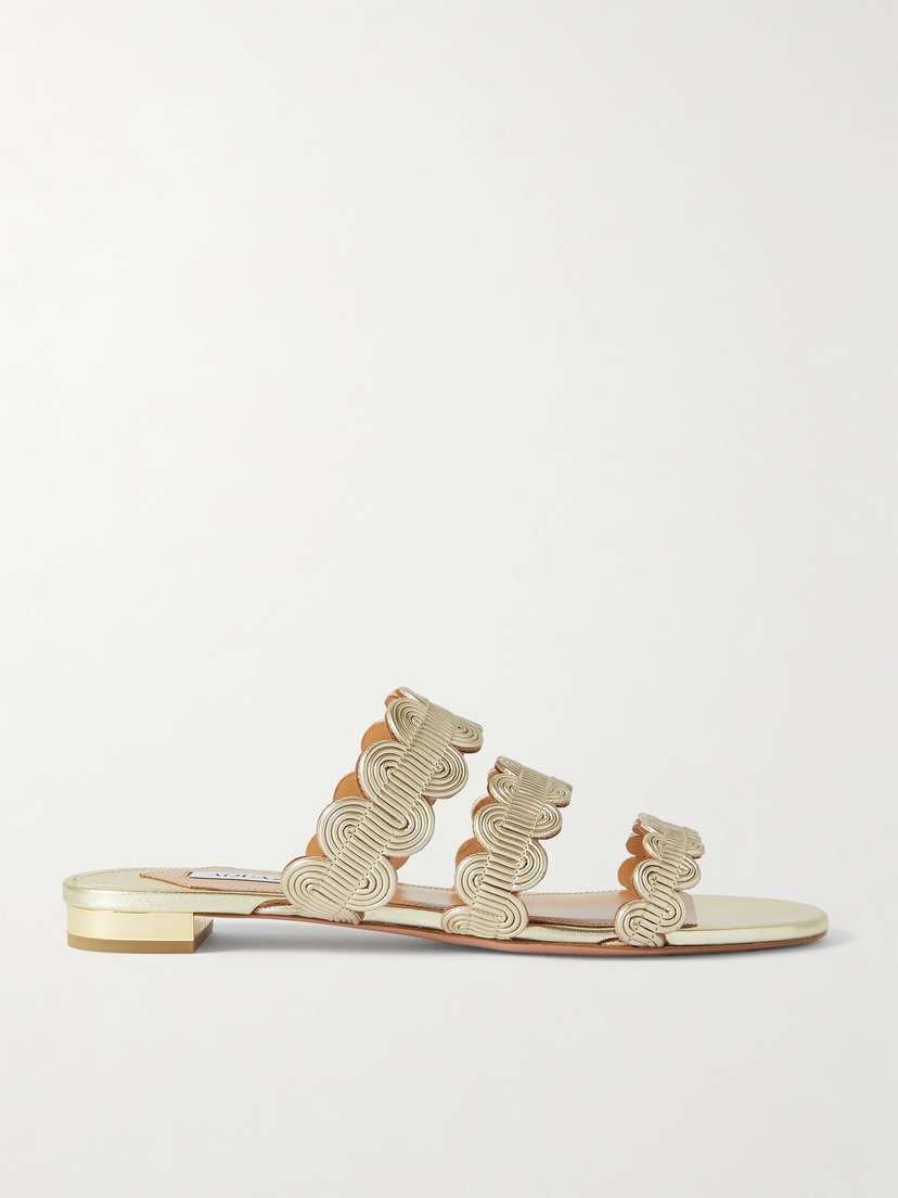 Aquazzura Wavy Metallic Leather Slides