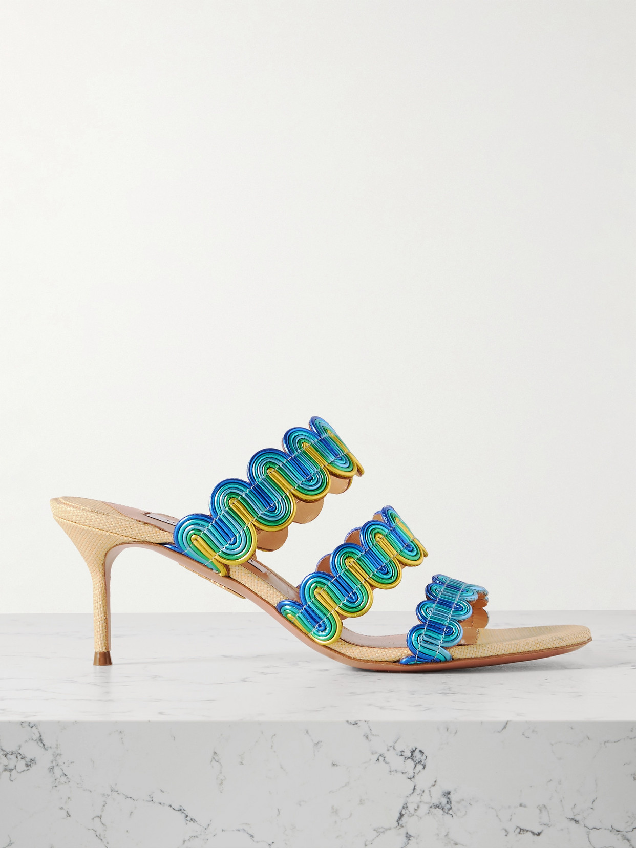 Aquazzura Wavy 65 Metallic Leather Mules In Blue