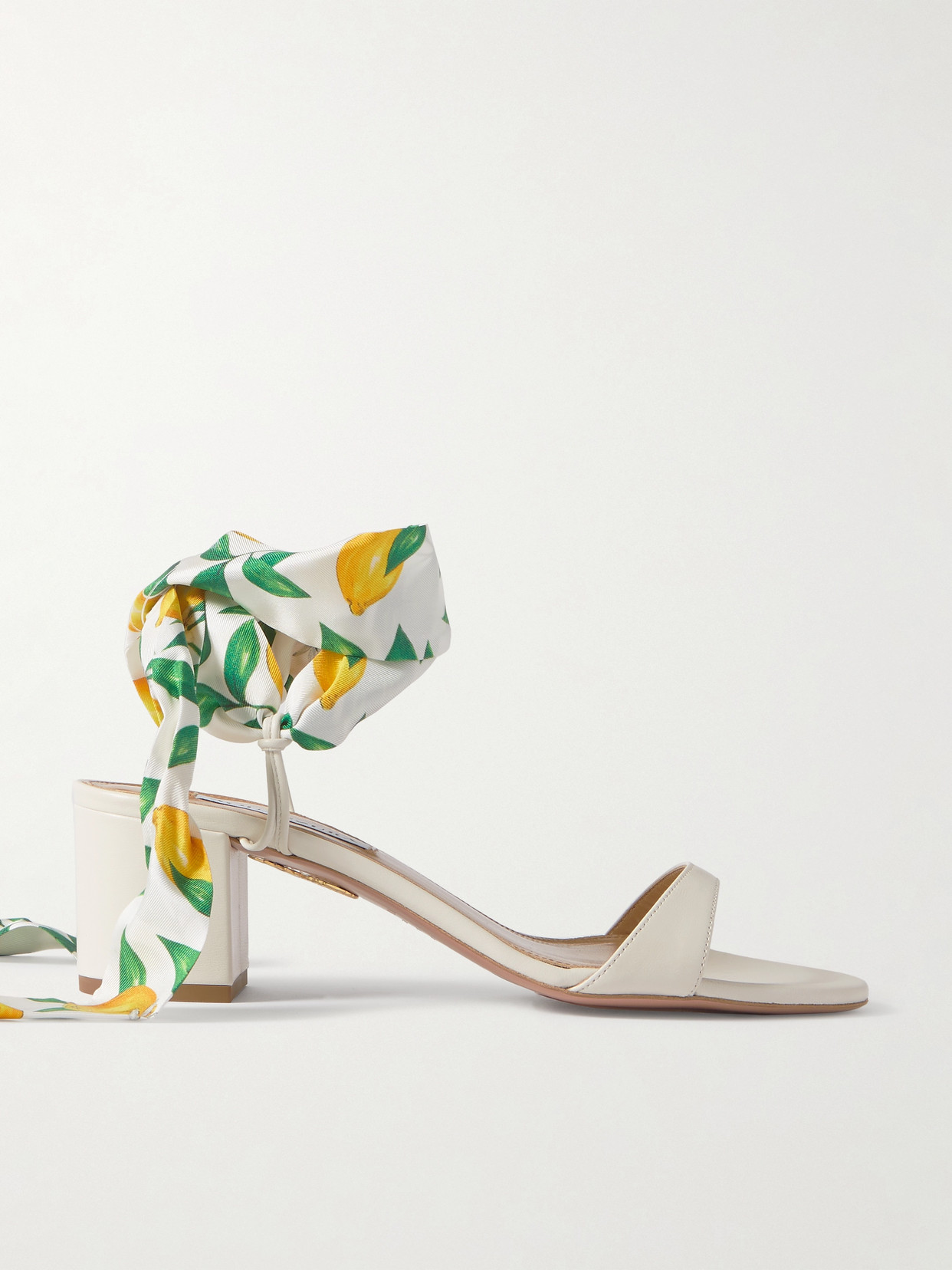 Aquazzura Twilly 50 Printed Silk Twill-trimmed Leather Sandals In White