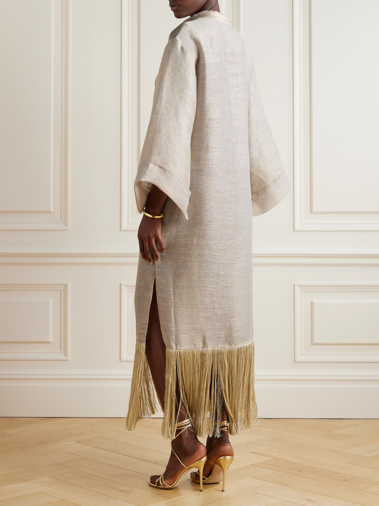 Taller Marmo Tigris Fringed Linen-blend Dupioni Gown In Ecru