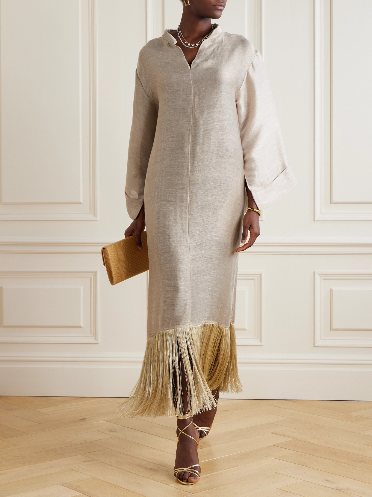 Taller Marmo Tigris Fringed Linen-blend Dupioni Gown In Ecru
