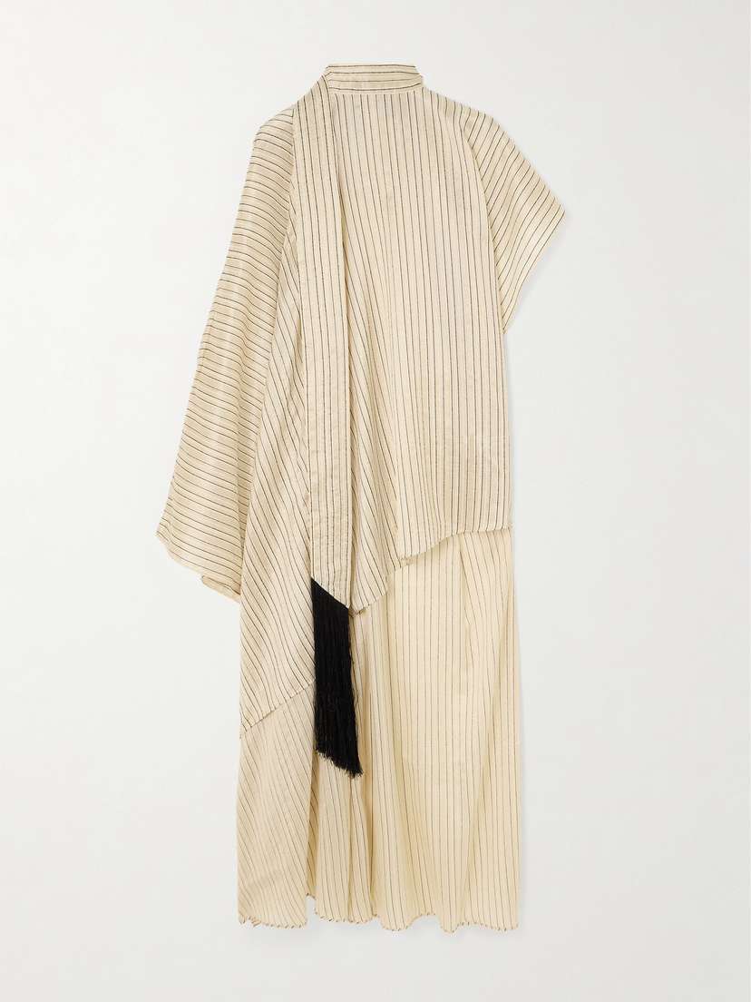 Taller Marmo Euphrates Fringed Metallic Pinstriped Voile Turtleneck Kaftan
