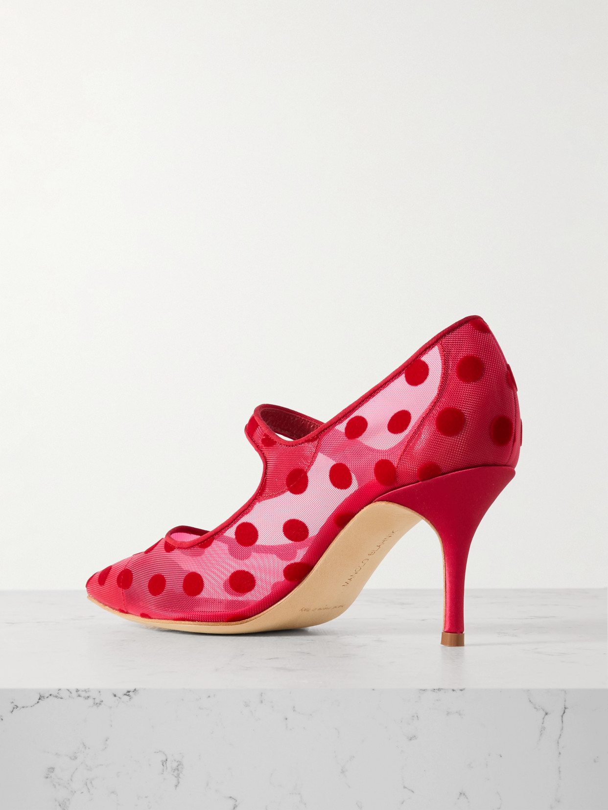 Manolo Blahnik Campari 70 Grosgrain-trimmed Flocked Mesh Mary Jane Pumps In Red