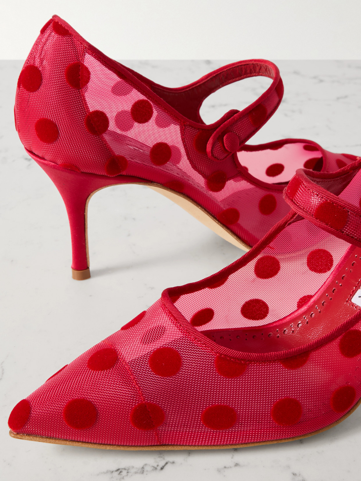 Manolo Blahnik Campari 70 Grosgrain-trimmed Flocked Mesh Mary Jane Pumps In Red