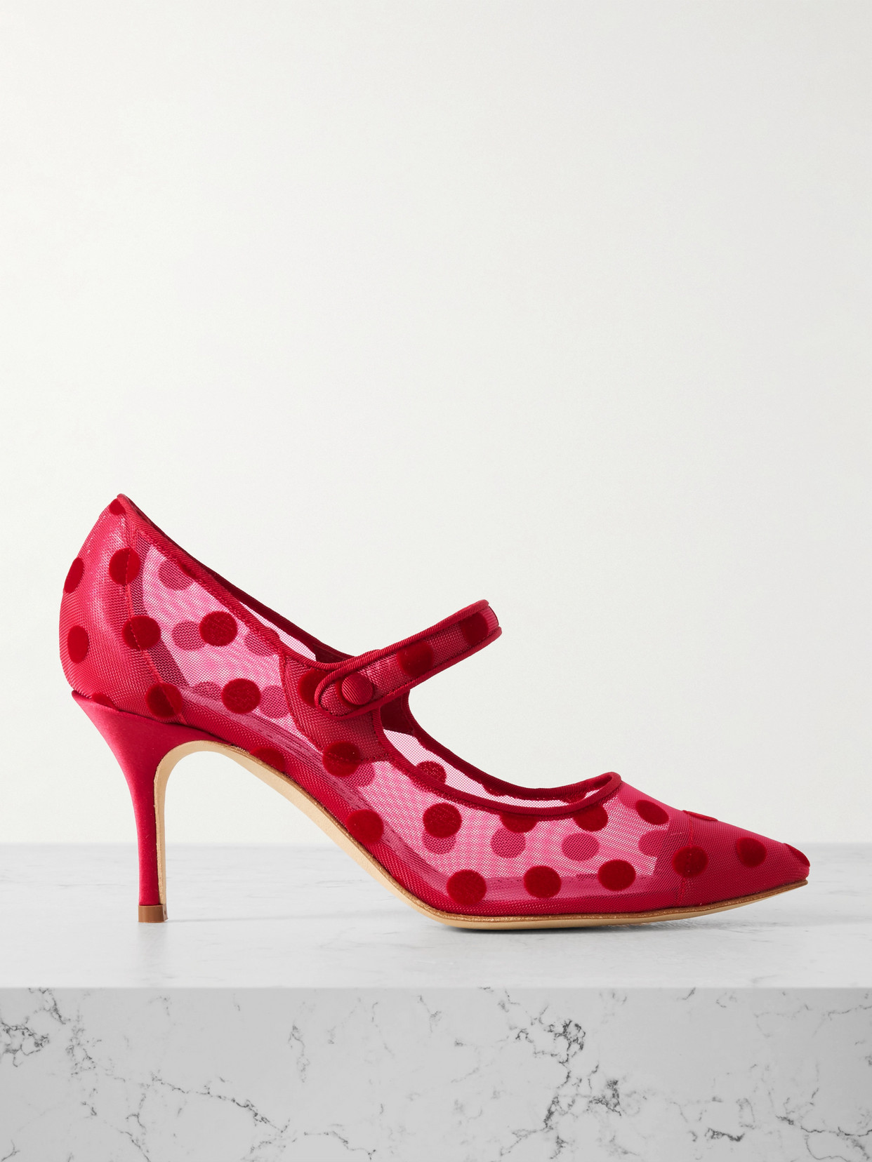 Manolo Blahnik Campari 70 Grosgrain-trimmed Flocked Mesh Mary Jane Pumps In Red