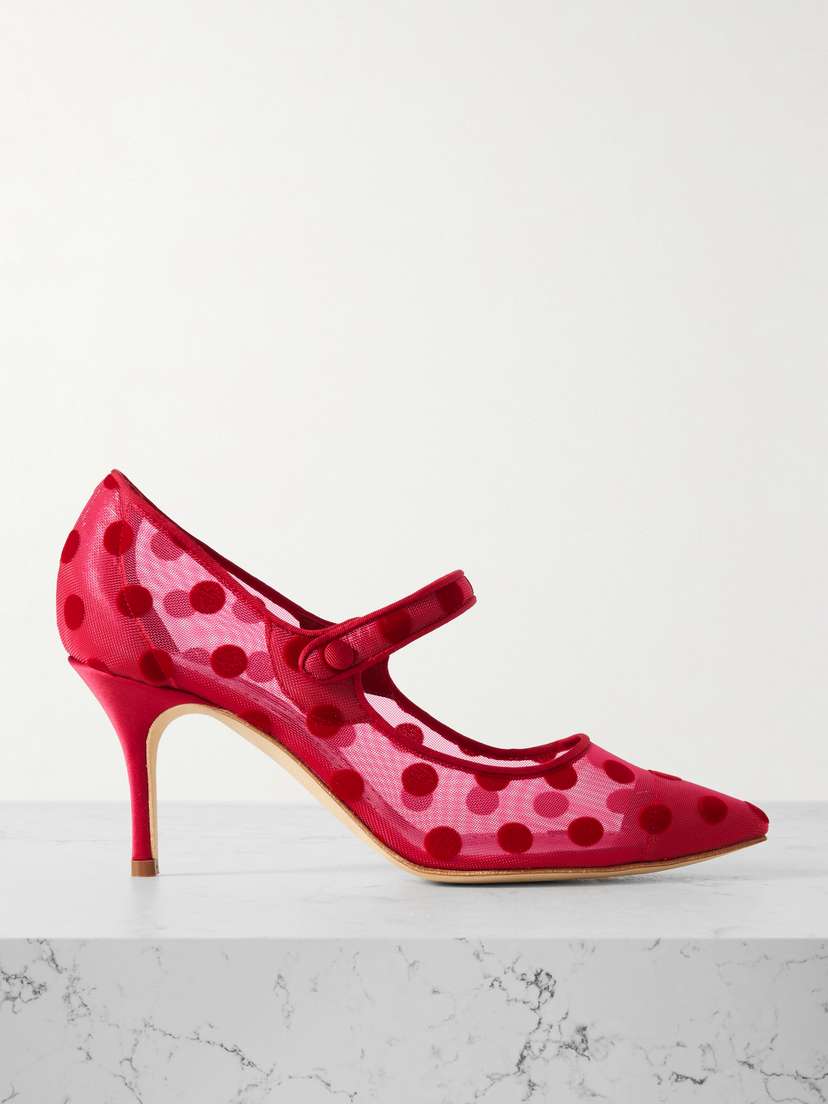 Manolo Blahnik Campari 70 Grosgrain-trimmed Flocked Mesh Mary Jane Pumps