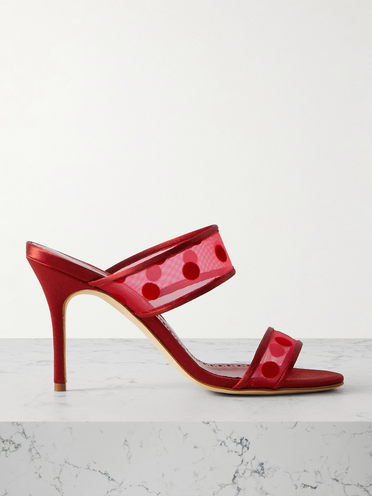 Manolo Blahnik Scolobi 90 Satin-trimmed Flocked Mesh Sandals In Red