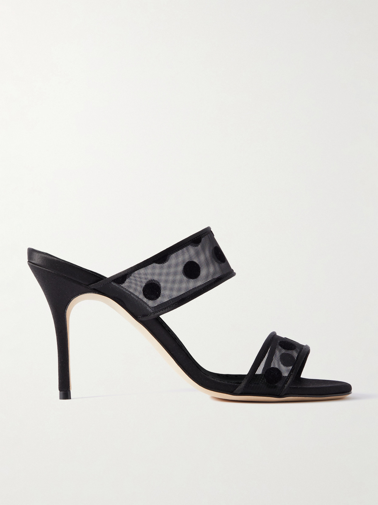 Manolo Blahnik Scolobi 90 Satin-trimmed Flocked Mesh Sandals In Black