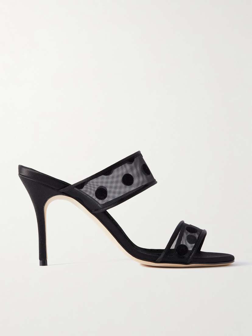 Manolo Blahnik Scolobi 90 Satin-trimmed Flocked Mesh Sandals