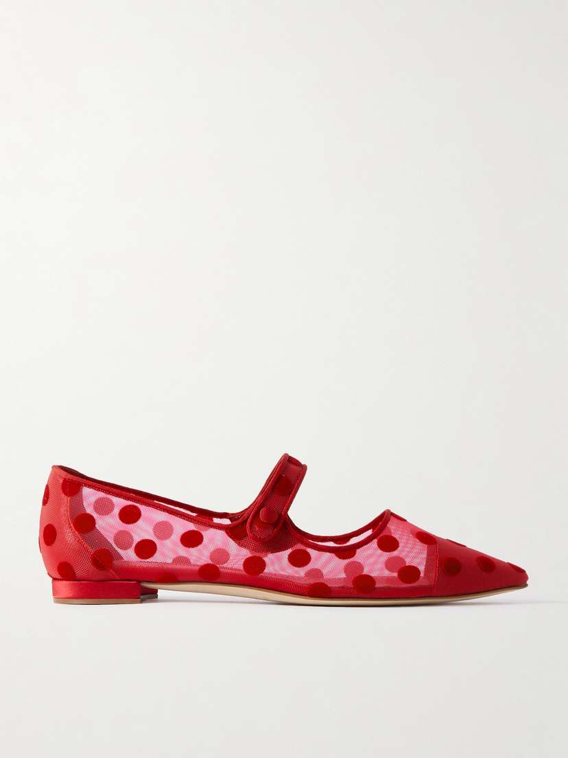 Manolo Blahnik Campari Grosgrain-trimmed Flocked Mesh Ballet Flats