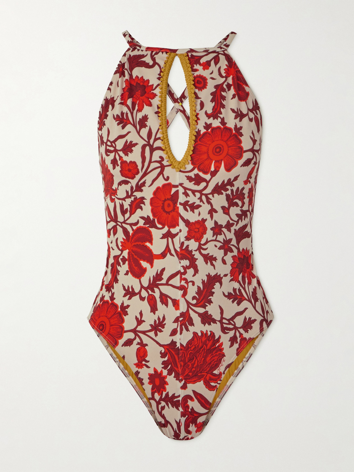 La Doublej Fonda Braided-trimmed Floral-print Swimsuit In Dragonflower Mini Red