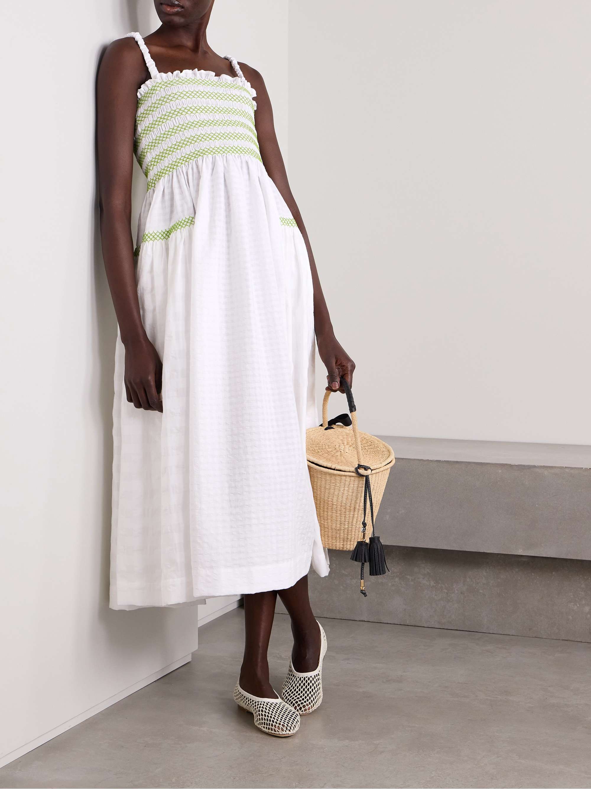 MOLLY GODDARD コットン混ボイル ミディ丈スモックワンピース パネル  