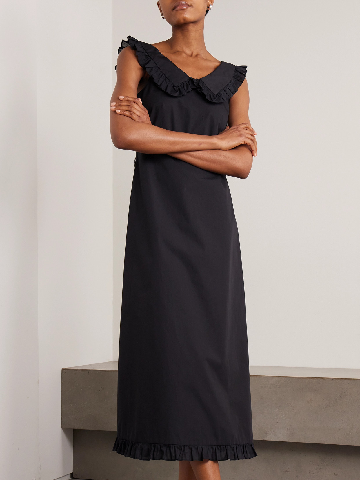 Molly Goddard Laura Ruffled Cotton Midi Dress In Black