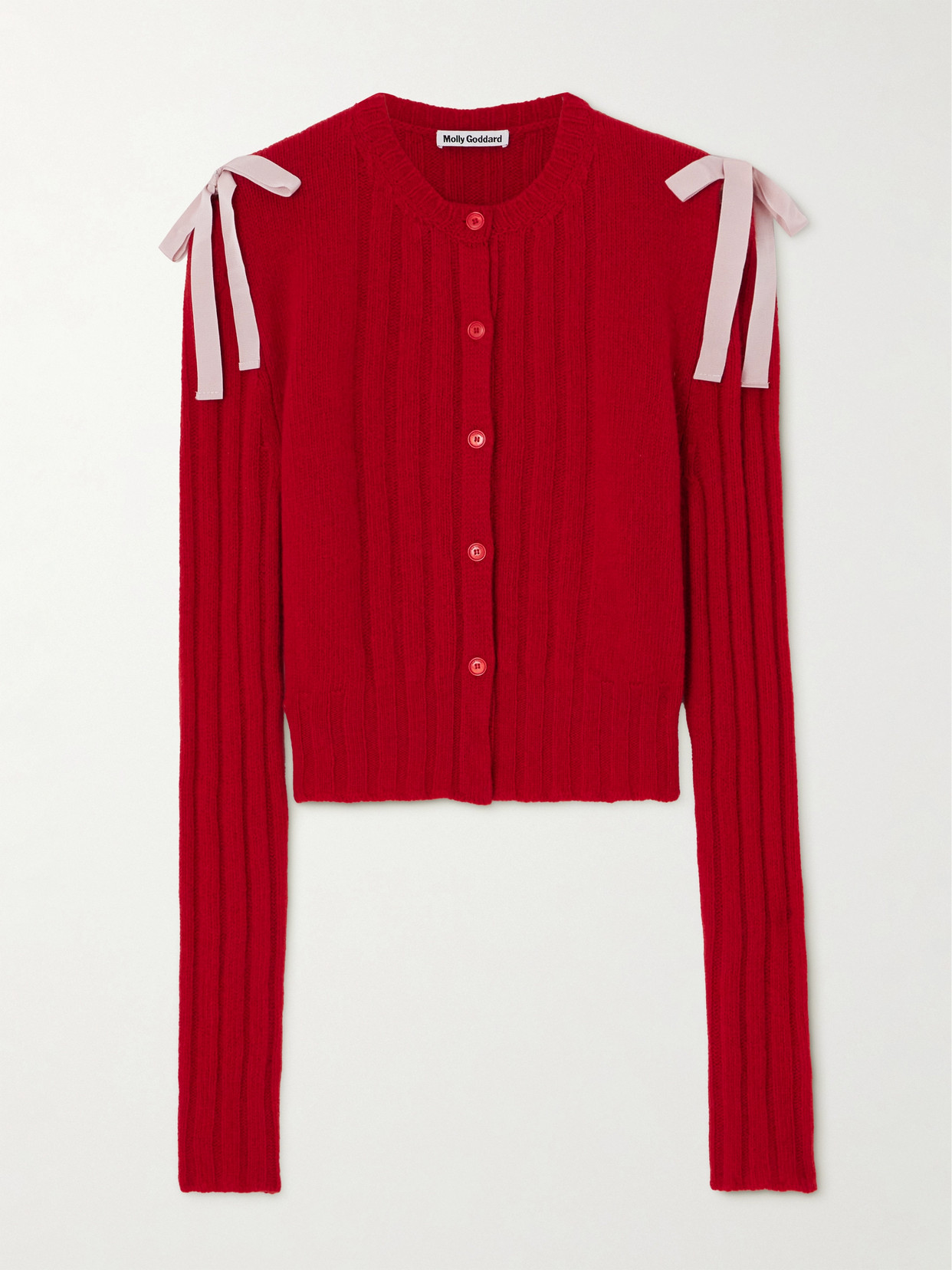 Shop Molly Goddard Charlotte Cutout Bow-embellished Ribbed Wool Cardigan In Red