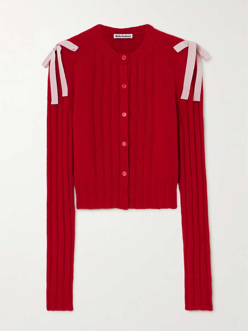 Molly Goddard Charlotte Cutout Bow-embellished Ribbed Wool Cardigan