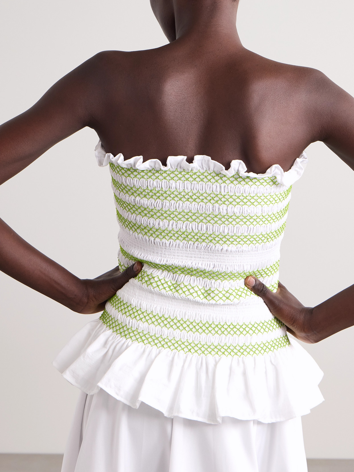 Lynne Strapless Ruffled Smocked Cotton-Blend Voile Peplum Top