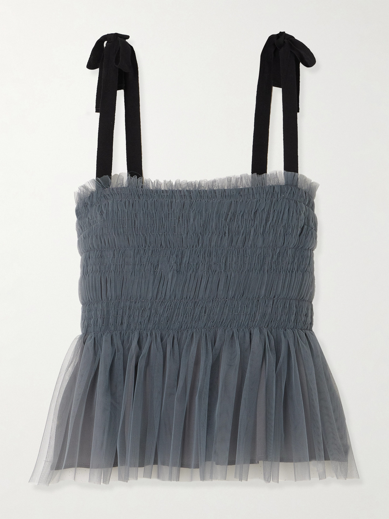 Molly Goddard Lydia Shirred Grosgrain-trimmed Tulle Top In Grey