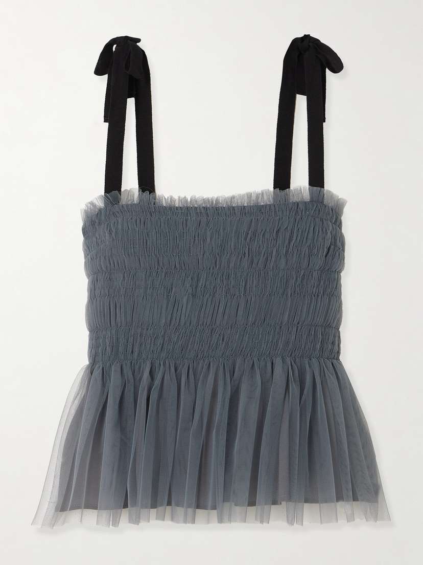 Molly Goddard Lydia Shirred Grosgrain-trimmed Tulle Top