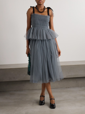 Molly Goddard Lydia shirred grosgrain-trimmed tulle top