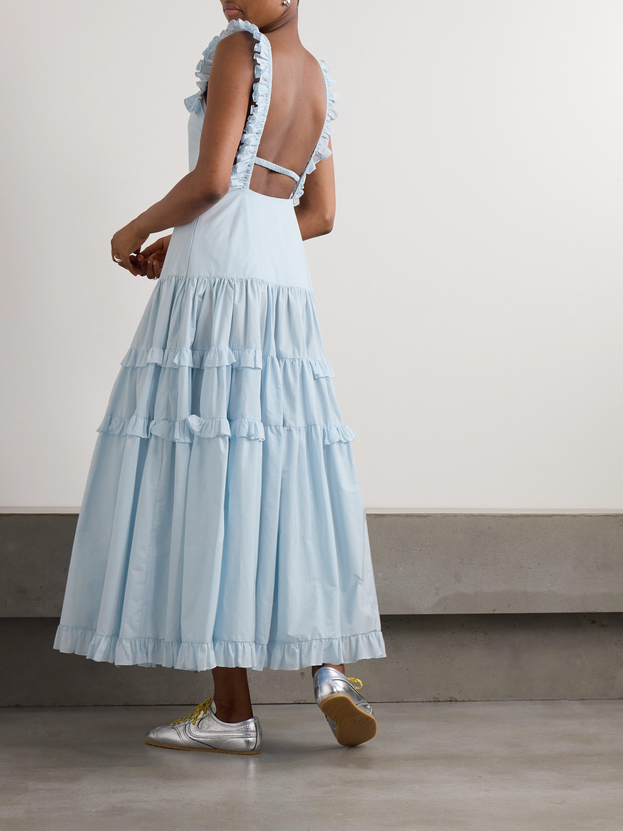 Molly Goddard Maggie Open-back Ruffled Tiered Cotton Maxi Dress In Blue