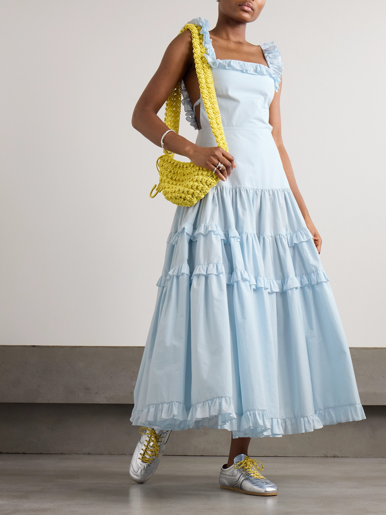 Molly Goddard Maggie Open-back Ruffled Tiered Cotton Maxi Dress In Blue
