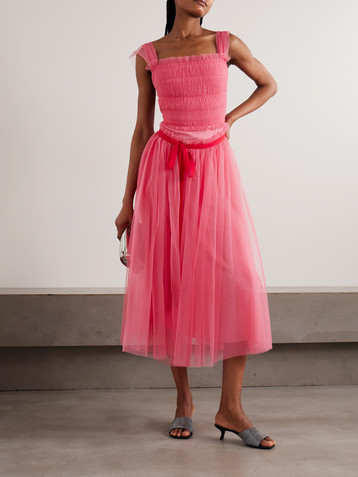 Molly Goddard Elodie shirred grosgrain-trimmed tulle midi dress