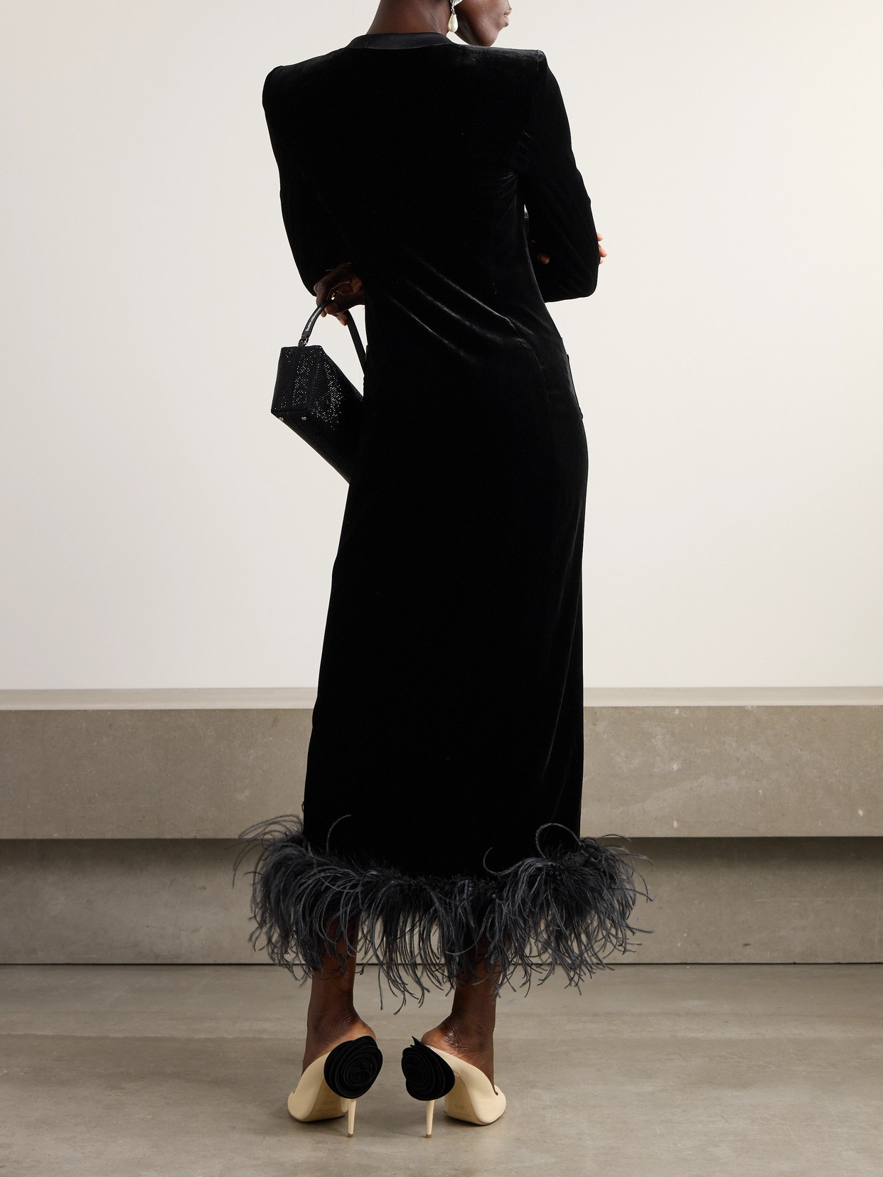 Alessandra Rich Velvet Feather-trimmed Dress In Black