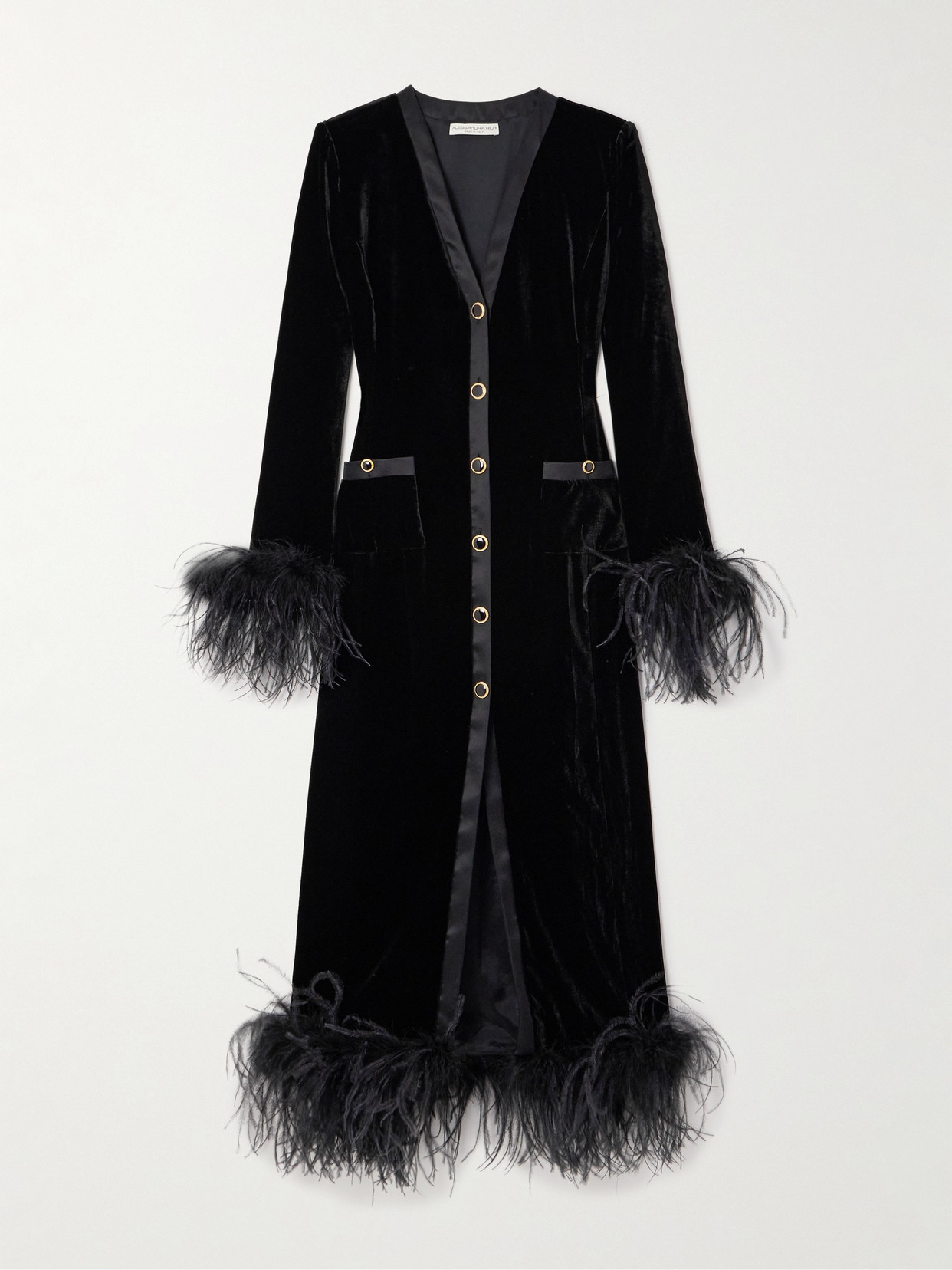 Alessandra Rich - Satin And Feather-trimmed Velvet Gown - Black