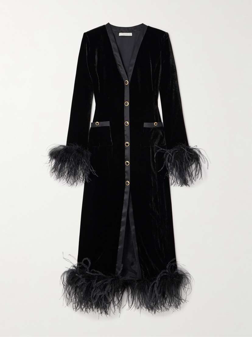 Alessandra Rich Satin And Feather-trimmed Velvet Gown
