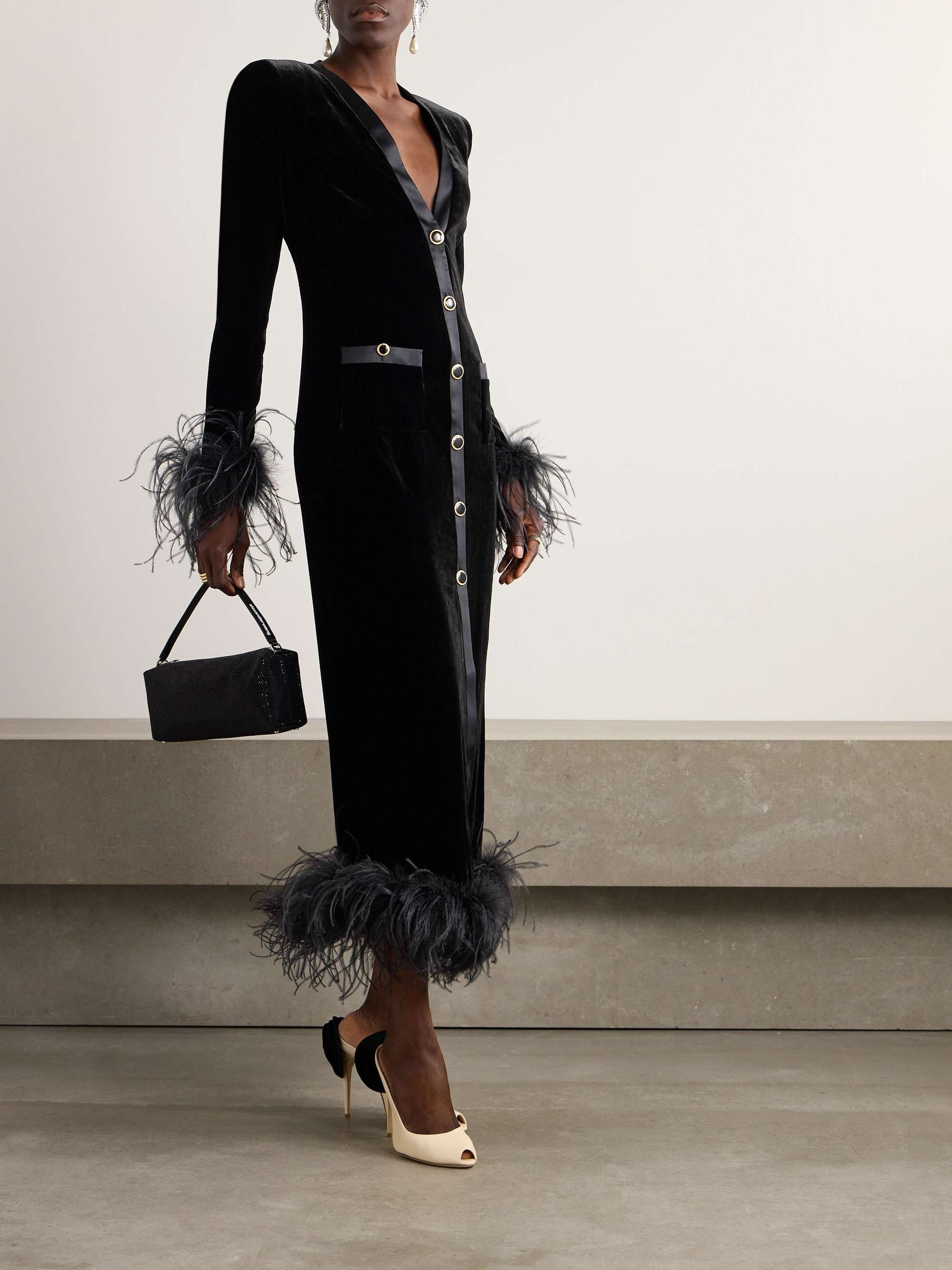 Satin and feather trimmed velvet gown black IT36