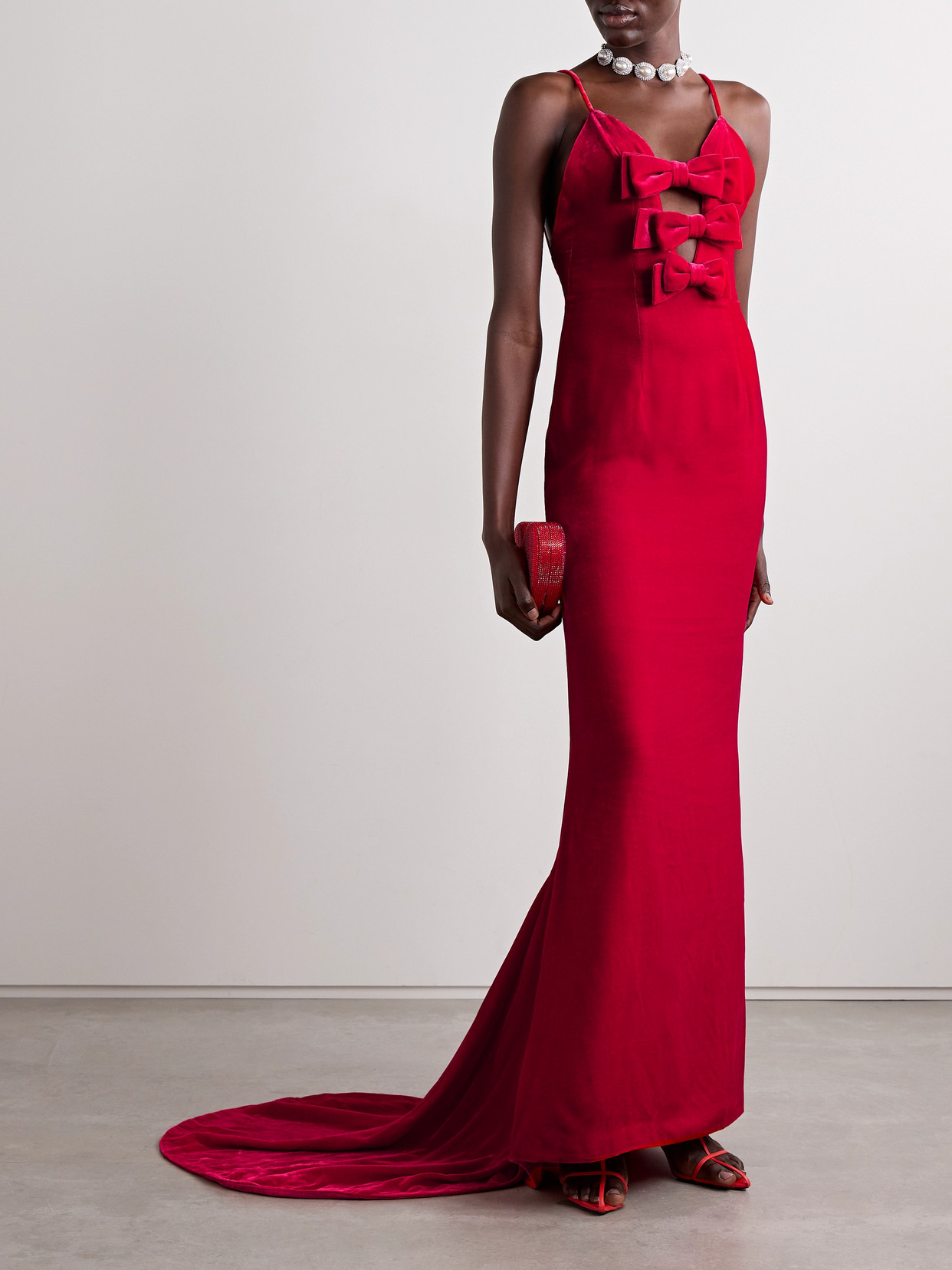 ALESSANDRA RICH BOW-EMBELLISHED VELVET GOWN