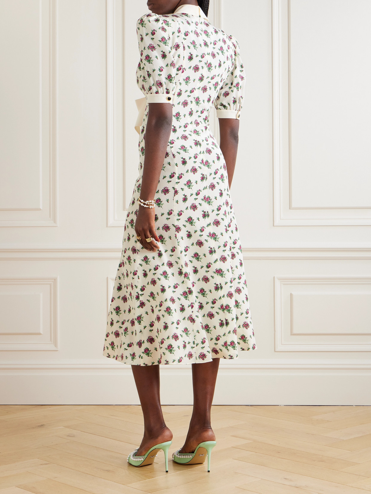 Alessandra Rich Bow-embellished Floral-print Silk-satin Midi Dress In White