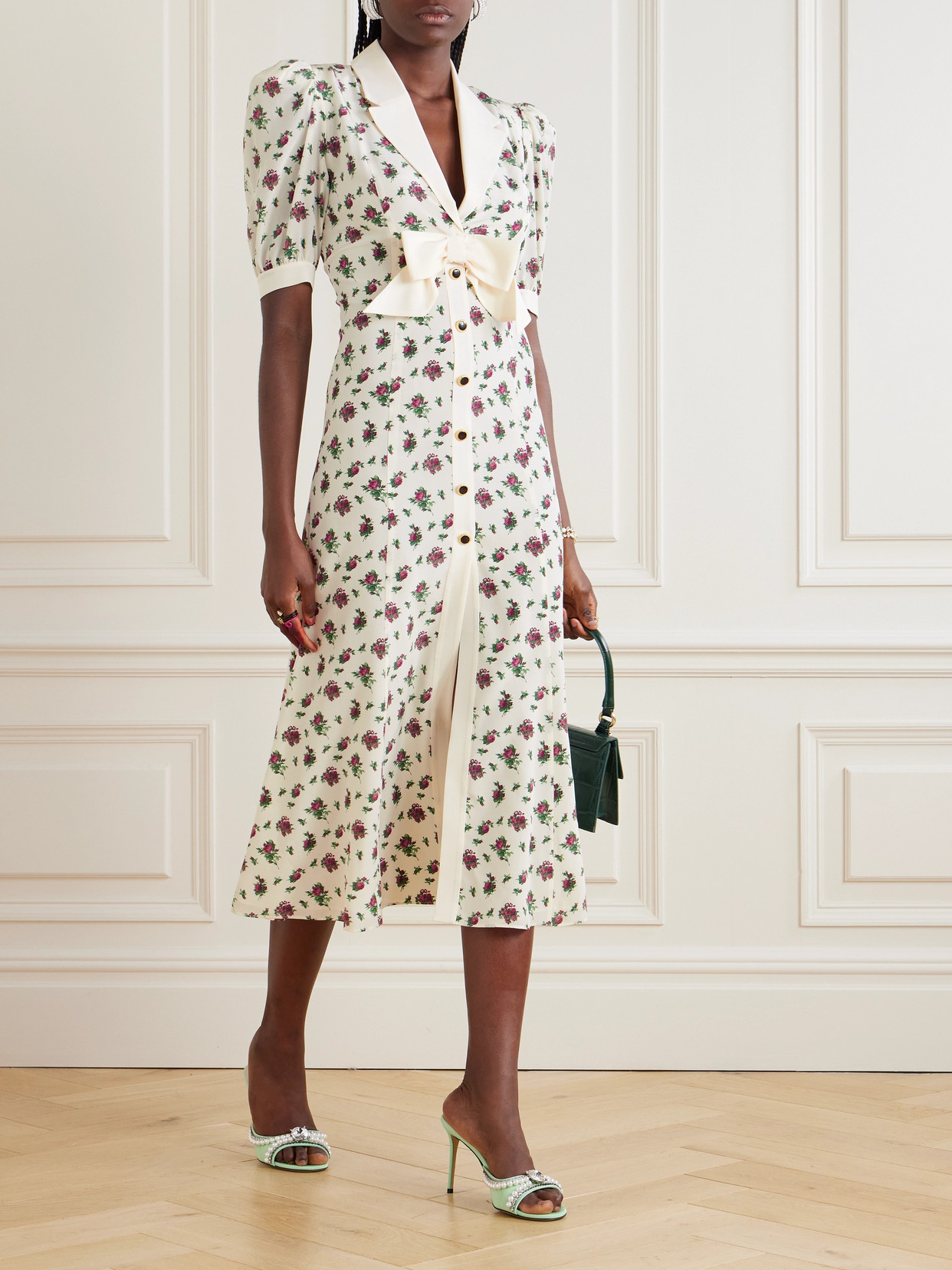 Alessandra Rich Bow-embellished Floral-print Silk-satin Midi Dress In White
