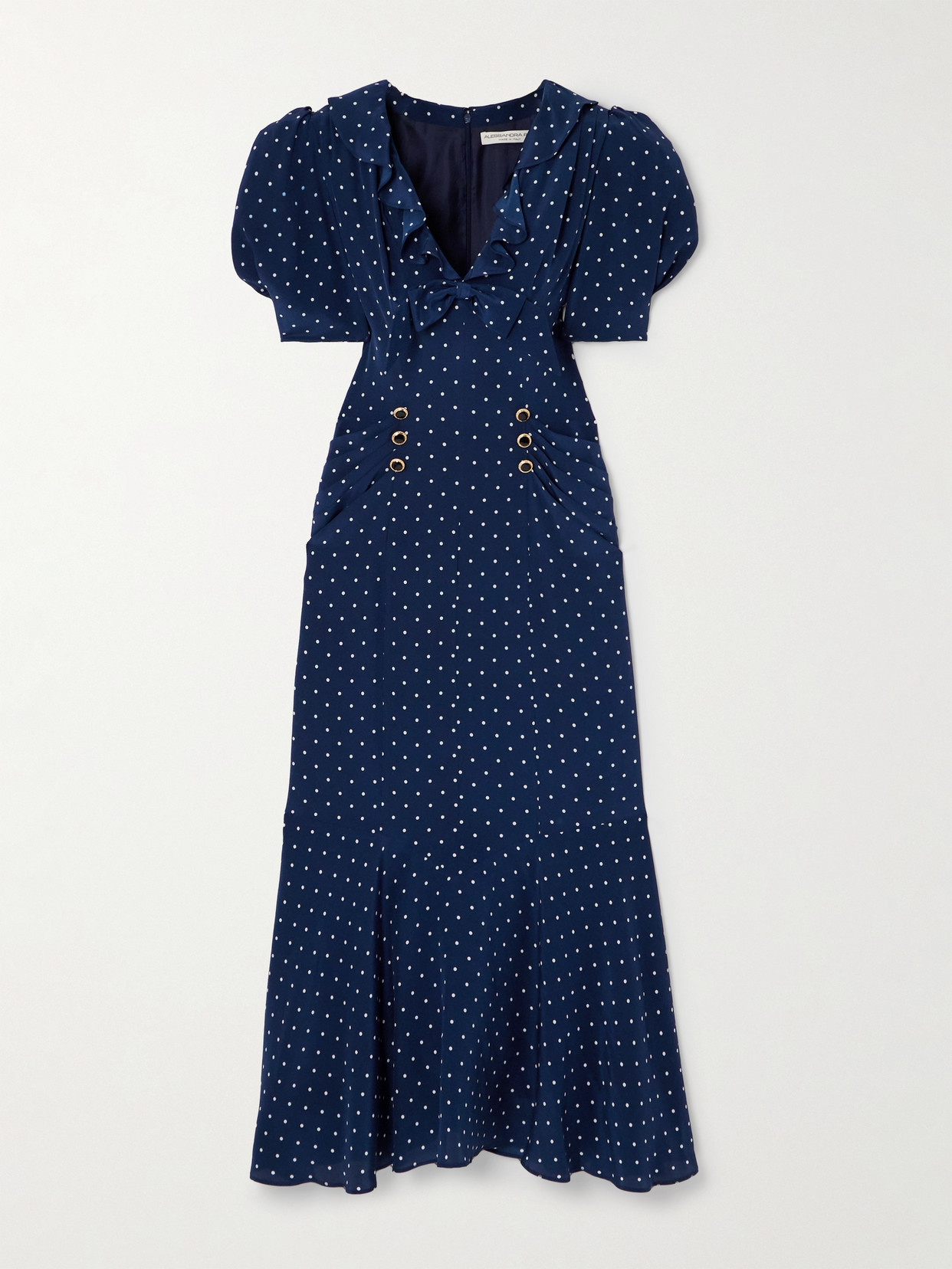 Alessandra Rich Ruched Button And Bow-embellished Polka-dot Silk Midi Dress In Blue