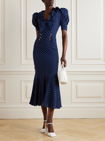 Alessandra Rich Ruched button and bow-embellished polka-dot silk midi dress
