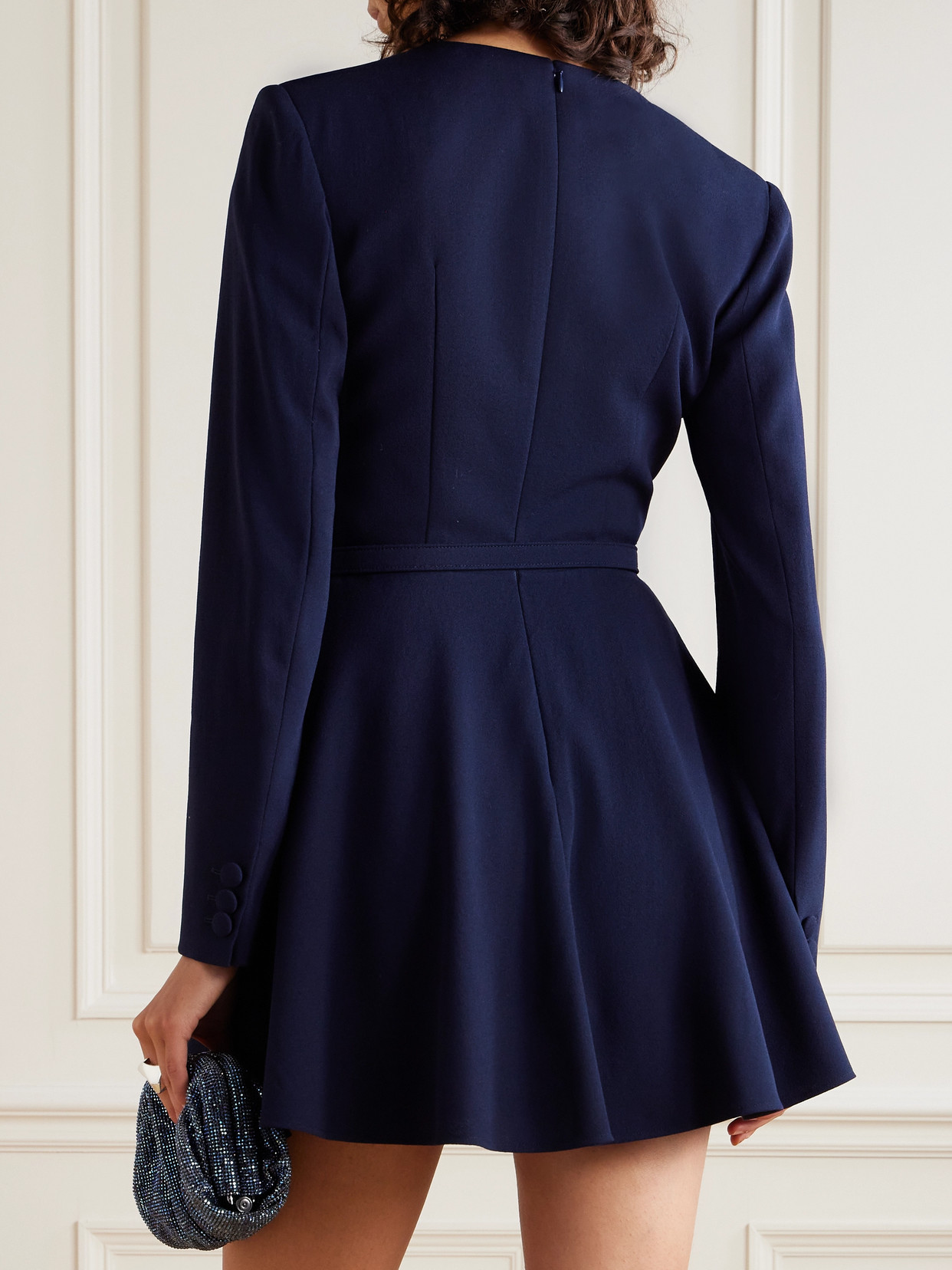 Alessandra Rich Belted Wool-blend Crepe Mini Dress In Blue