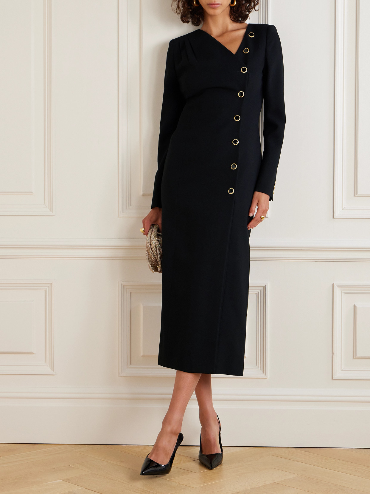Alessandra Rich Asymmetric Wool-blend Crepe Midi Dress In Black