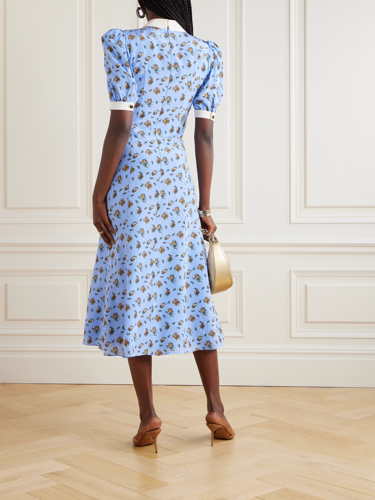 Alessandra Rich Bow-embellished Floral-print Silk-satin Midi Dress In Blue