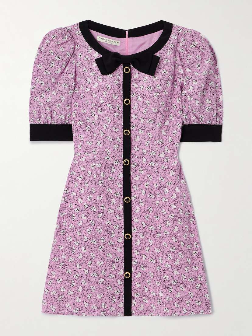 Alessandra Rich Clover Bow And Button-embellished Floral-print Silk Mini Dress