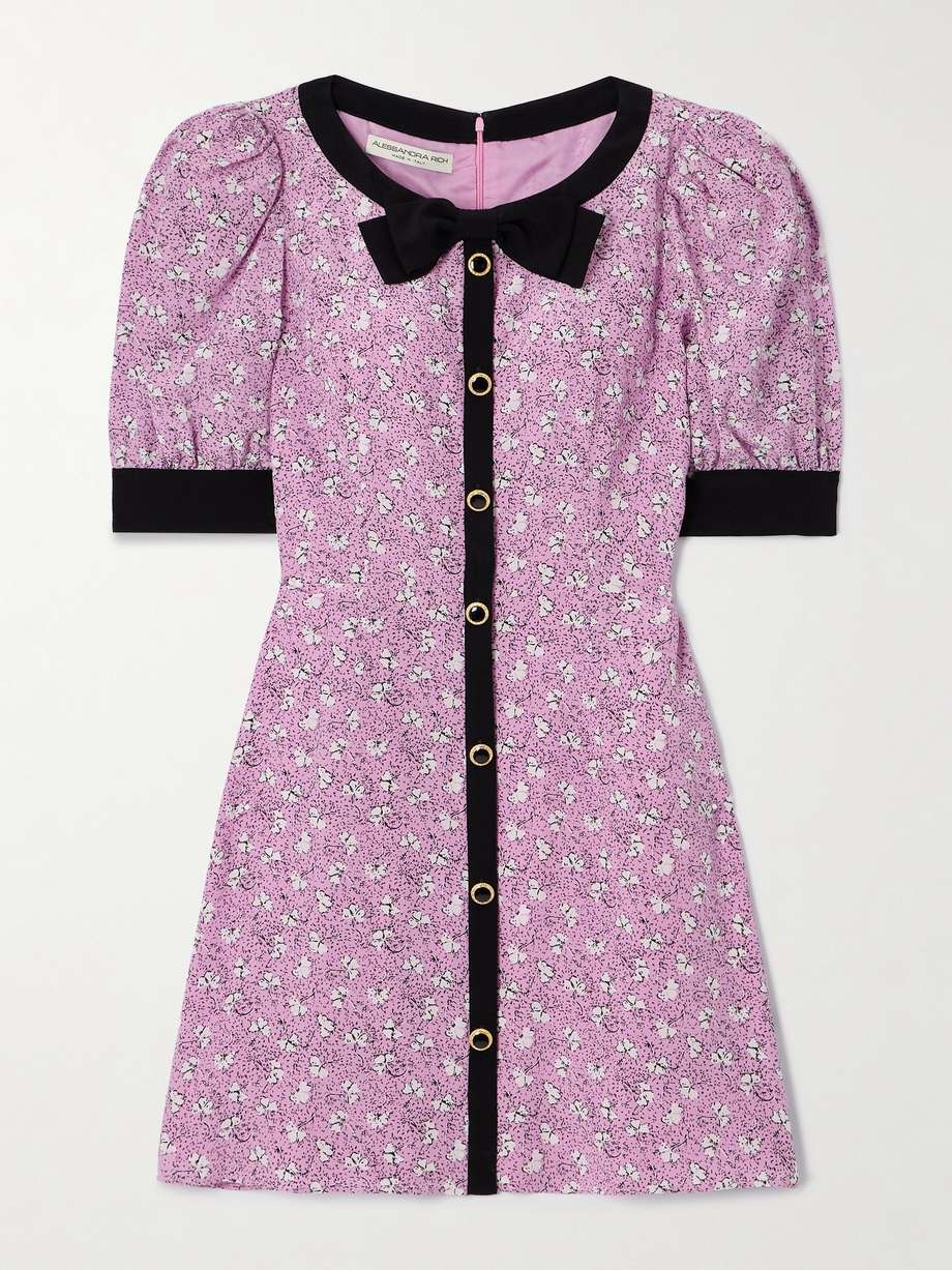 clover bow and button-embellished floral-print silk mini dress