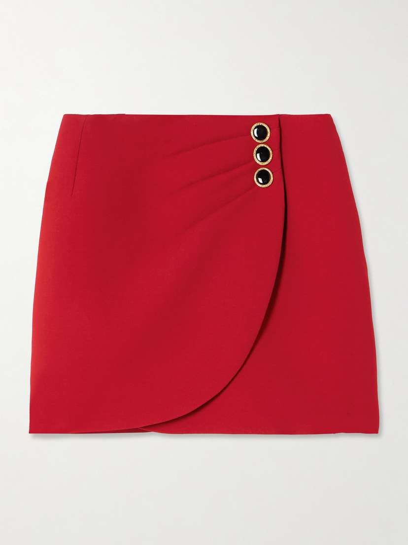 Alessandra Rich Wrap-effect Button-embellished Draped Wool Mini Skirt