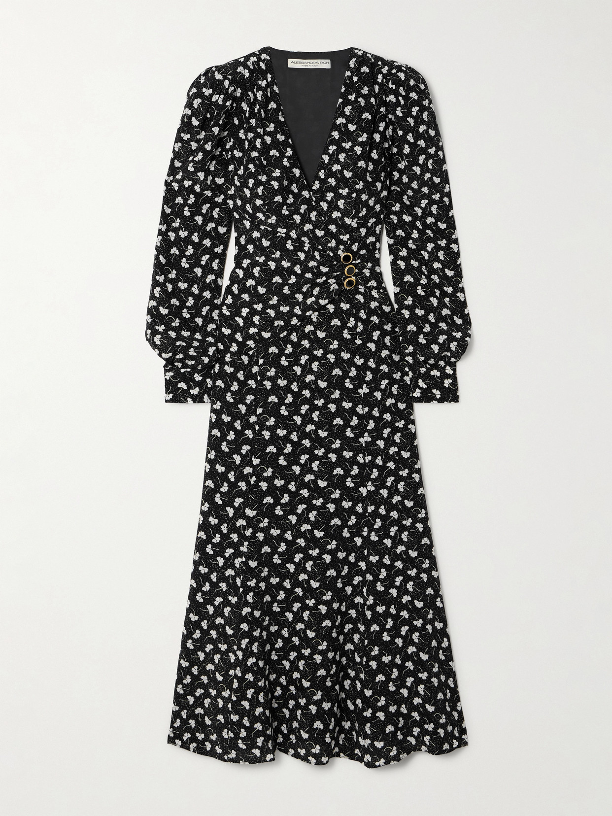 Alessandra Rich - Clover Wrap-effect Floral-print Silk-crepe Midi Dress - Black